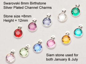 5 pc 8mm Stone Swarovski Birthstone Channel Charms Silver Plated, Choose your COLOR - CC8S-5