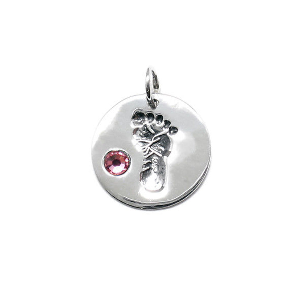 Baby Feet Footprint Swarovski Birthstone Charms Sterling Silver 14mm Crystal Engravable Choose Month - BeadPrism