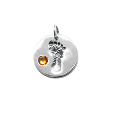 Load image into Gallery viewer, Baby Feet Footprint Swarovski Birthstone Charms Sterling Silver 14mm Crystal Engravable Choose Month - BeadPrism