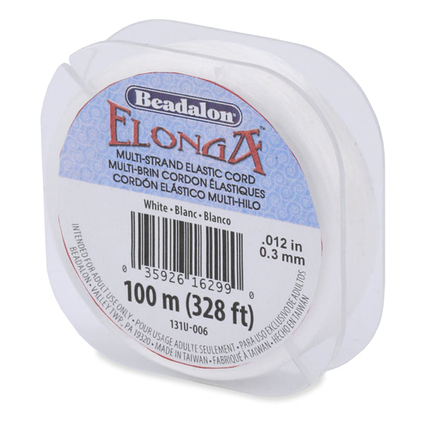 100m 328ft Beadalon Elonga Stretch Cord, White 0.012 Inch 0.3mm, Beadalon Multi Strand Elastic Cord, Beadalon Stringing Supplies - 131U-006