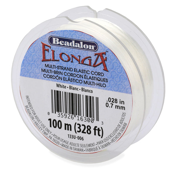 100m 328ft Beadalon Elonga Stretch Cord, White 0.028 Inch 0.7mm, Beadalon Multi Strand Elastic Cord, Beadalon Stringing Supplies - 133U-006