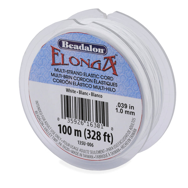 100m 328ft Beadalon Elonga Stretch Cord, White 0.039 Inch 1.0mm, Beadalon Multi Strand Elastic Cord - 135U-006
