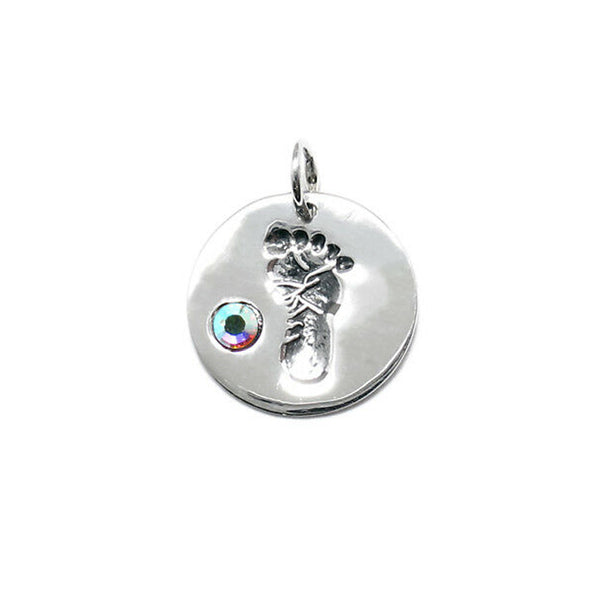 Baby Feet Footprint Swarovski Birthstone Charms Sterling Silver 14mm Crystal Engravable Choose Month - BeadPrism