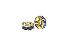 Load image into Gallery viewer, Wholesale Genuine Swarovski Rhinestone Rondelles - Gold Plated - 8mm Sapphire - Choose Package Size - BeadPrism