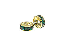 Load image into Gallery viewer, Wholesale Genuine Swarovski Rhinestone Rondelles - Gold Plated - 8mm Emerald - Choose Package Size - BeadPrism