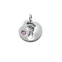 Load image into Gallery viewer, Baby Feet Footprint Swarovski Birthstone Charms Sterling Silver 14mm Crystal Engravable Choose Month - BeadPrism