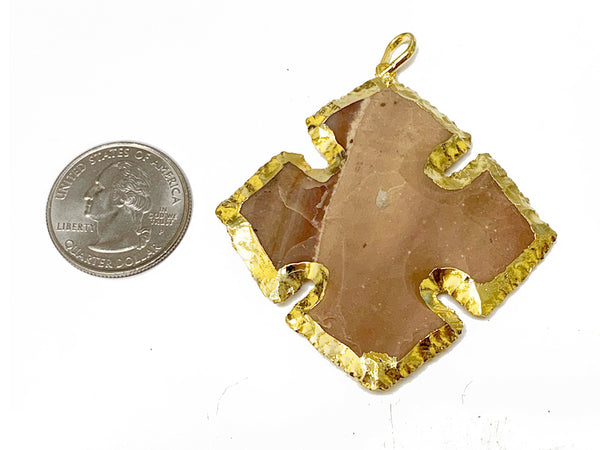 Jasper Cross Gold Edged Pendant Hand carved gemstone 2" Tibet Boho pendant, Choose Quantity - AP413 - BeadPrism