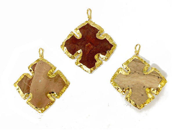 Jasper Cross Gold Edged Pendant Hand carved gemstone 2" Tibet Boho pendant, Choose Quantity - AP413 - BeadPrism