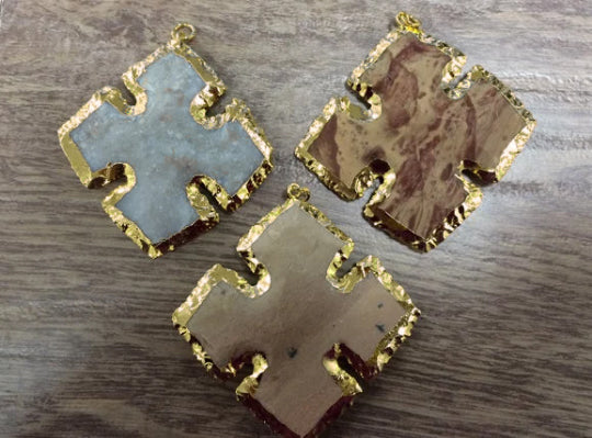 Jasper Cross Gold Edged Pendant Hand carved gemstone 2" Tibet Boho pendant, Choose Quantity - AP413 - BeadPrism