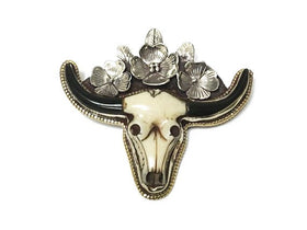Nepal Cattle Skull with flowers 3" Longhorn Buffalo Pendant Nepalese Charm detail work on back - BeadPrism