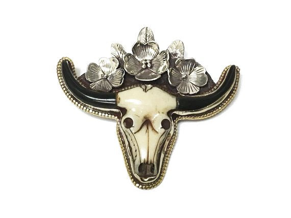 Nepal Cattle Skull with flowers 3" Longhorn Buffalo Pendant Nepalese Charm detail work on back - BeadPrism