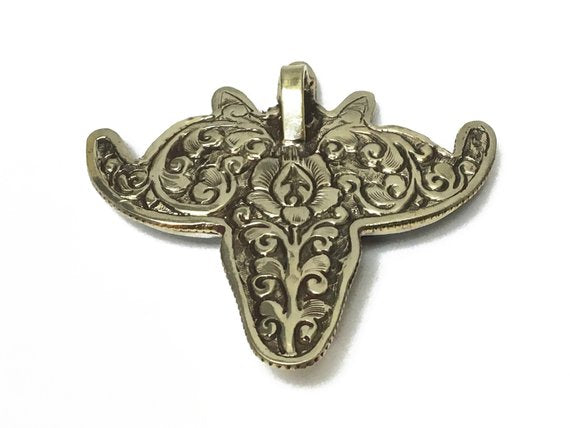Nepal Cattle Skull with flowers 3" Longhorn Buffalo Pendant Nepalese Charm detail work on back - BeadPrism