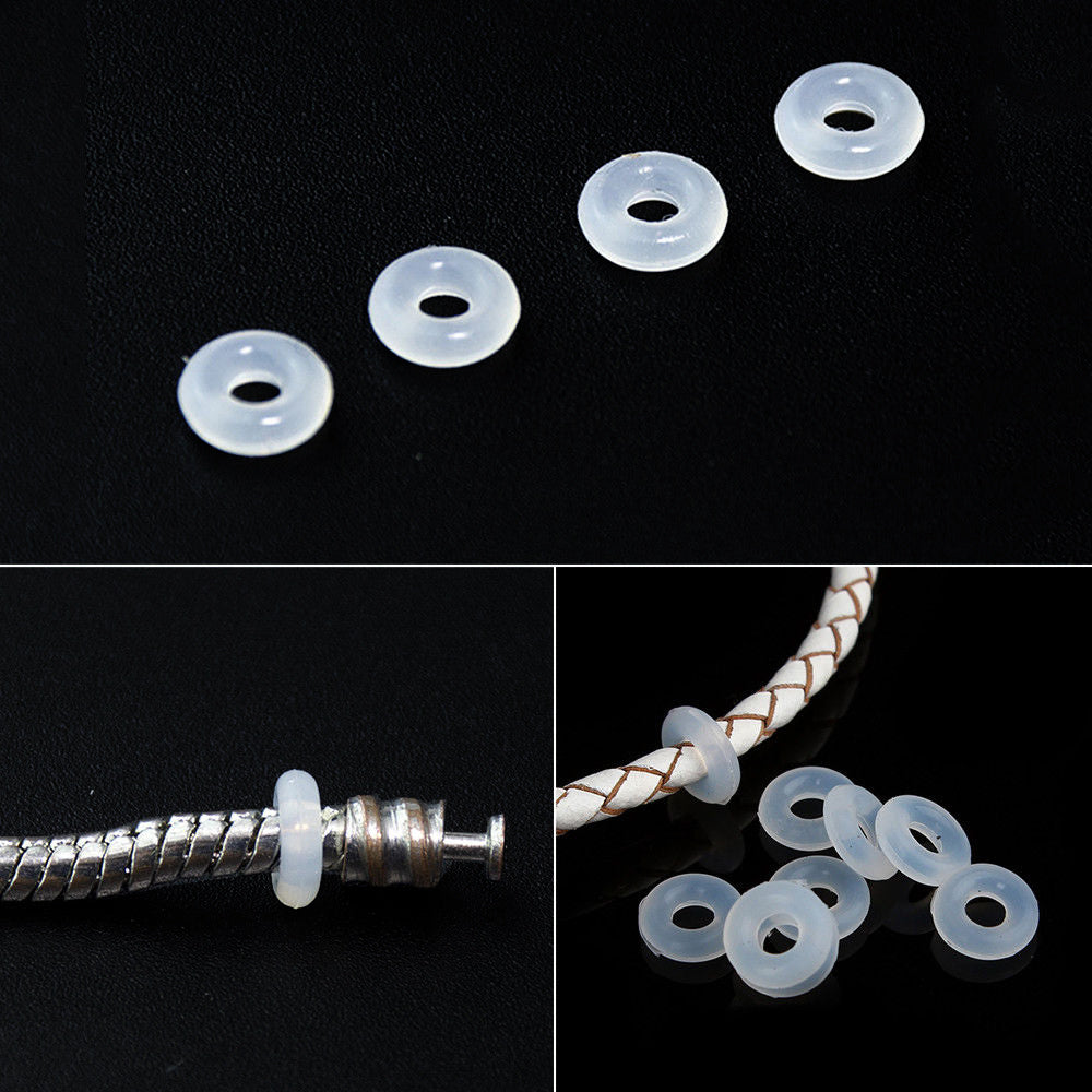 100Pcs Silicone Rubber Stoppers Ring CLEAR Bead Charms Bracelets 4mm for Use Alone Or with Clip Lock - BeadPrism