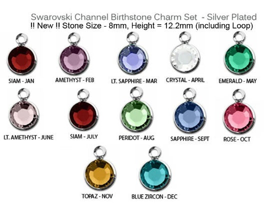 12 Pcs 8mm Bezel Set Swarovski Birthstone Crystal Charm Sterling Silver Plated 1 of each month - CC8S-SET12