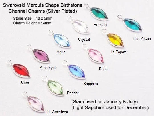 14mm Tall Swarovski Birthstone Marquis Charms Silver Plated - Choose Your QUANTITY and COLORS - CCMS