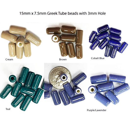 12 Pc 15mm Mykonos Greek Ceramic Tube Beads, 3mm Hole, 15mm x 7.5mm, Choose Color - CF6xx - BeadPrism