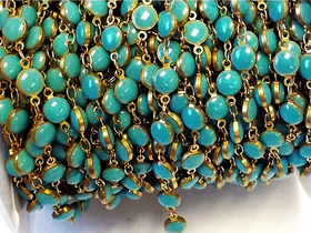 1 foot Turquoise Blue Enameled Coin Station Chain Brass Beaded Bohemian Rosary Chain by foot - CH151 - BeadPrism