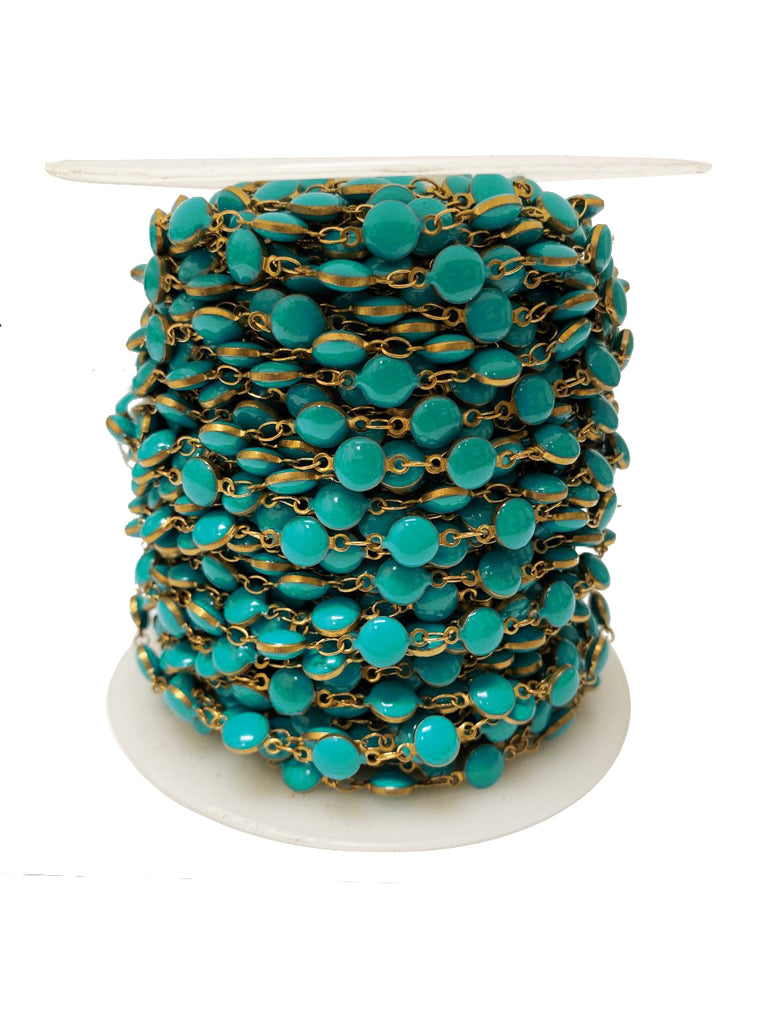 3 feet Turquoise Blue Enameled Coin Station Chain Brass Beaded Bohemian Rosary Chain by foot - CH151 - BeadPrism