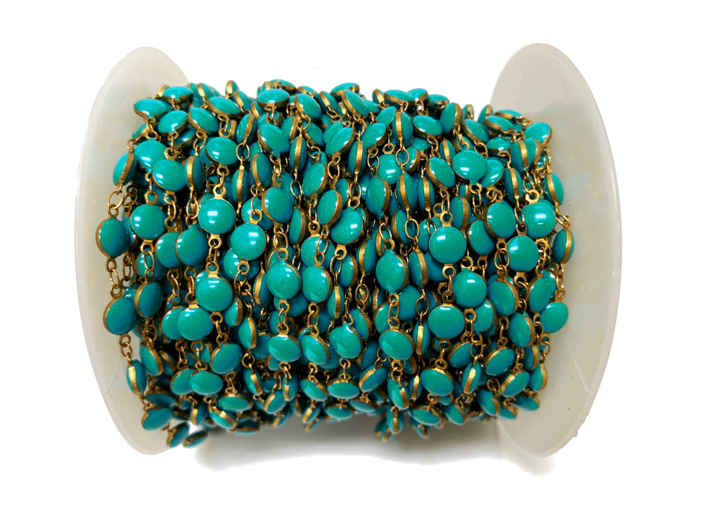 3 feet Turquoise Blue Enameled Coin Station Chain Brass Beaded Bohemian Rosary Chain by foot - CH151 - BeadPrism