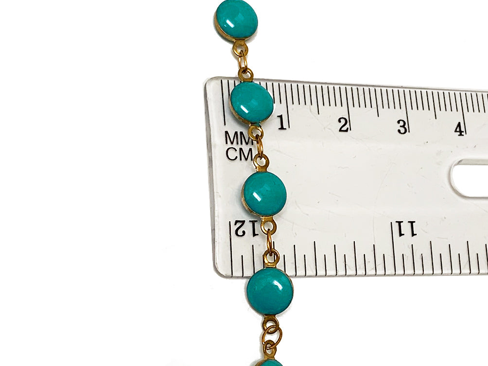 1 foot Turquoise Blue Enameled Coin Station Chain Brass Beaded Bohemian Rosary Chain by foot - CH151 - BeadPrism