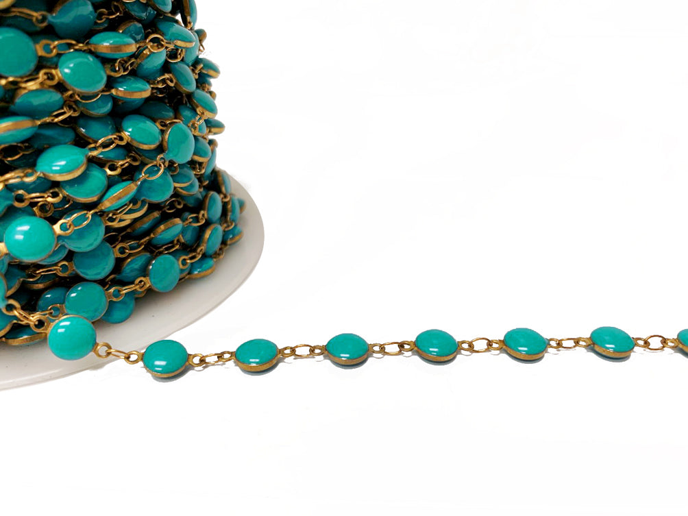 1 foot Turquoise Blue Enameled Coin Station Chain Brass Beaded Bohemian Rosary Chain by foot - CH151 - BeadPrism