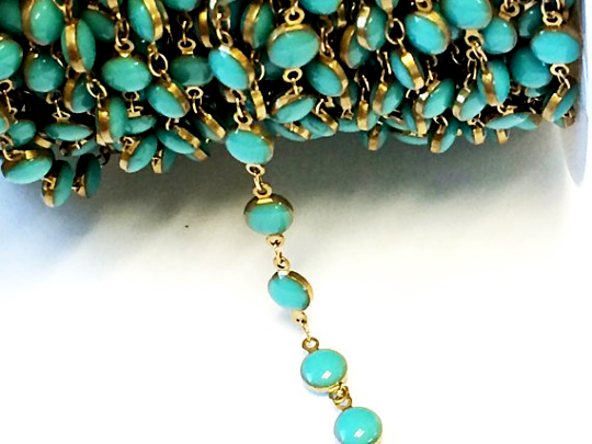 3 feet Turquoise Blue Enameled Coin Station Chain Brass Beaded Bohemian Rosary Chain by foot - CH151 - BeadPrism