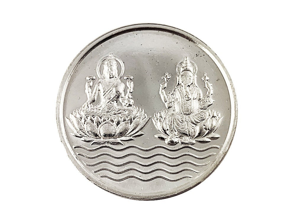 Lakshmi Ganesh 999 Pure Silver Coin hallmarked 999 5Gm Coin Hindu Religous Coin 25mm/1" Shubh Labh - BeadPrism