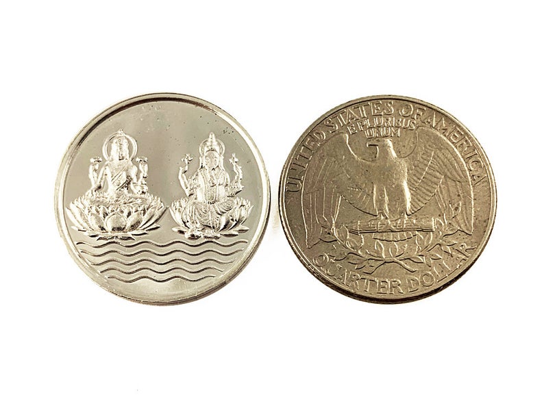 Lakshmi Ganesh 999 Pure Silver Coin hallmarked 999 5Gm Coin Hindu Religous Coin 25mm/1" Shubh Labh - BeadPrism