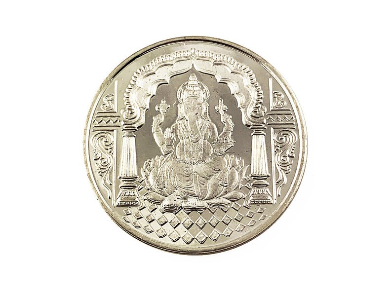 Laxmi Ganesh 999 Pure Silver Coin hallmarked 999 10 Gm Silver Om Coin Hindu Religious 32mm 1.25" - BeadPrism