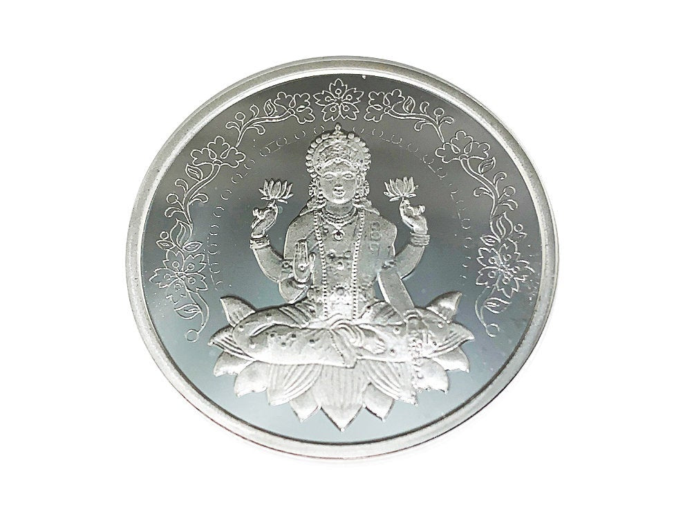 Laxmi Lakshmi 999 Pure Silver Coin hallmarked 999 10 Gm Silver Coin Hindu Religious Coin 32mm 1.25" - BeadPrism