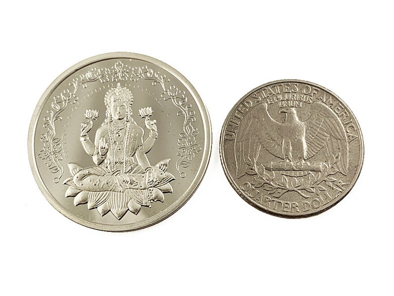 Laxmi Lakshmi 999 Pure Silver Coin hallmarked 999 10 Gm Silver Coin Hindu Religious Coin 32mm 1.25" - BeadPrism