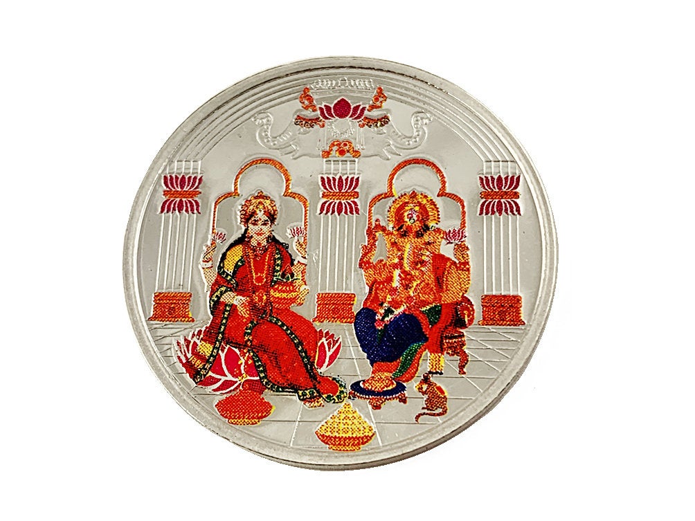 Laxmi Ganesh 999 Pure Silver Coin hallmarked 999 10 Gm Hindu Religious Coin 32mm 1.25" Shubh Labh - BeadPrism