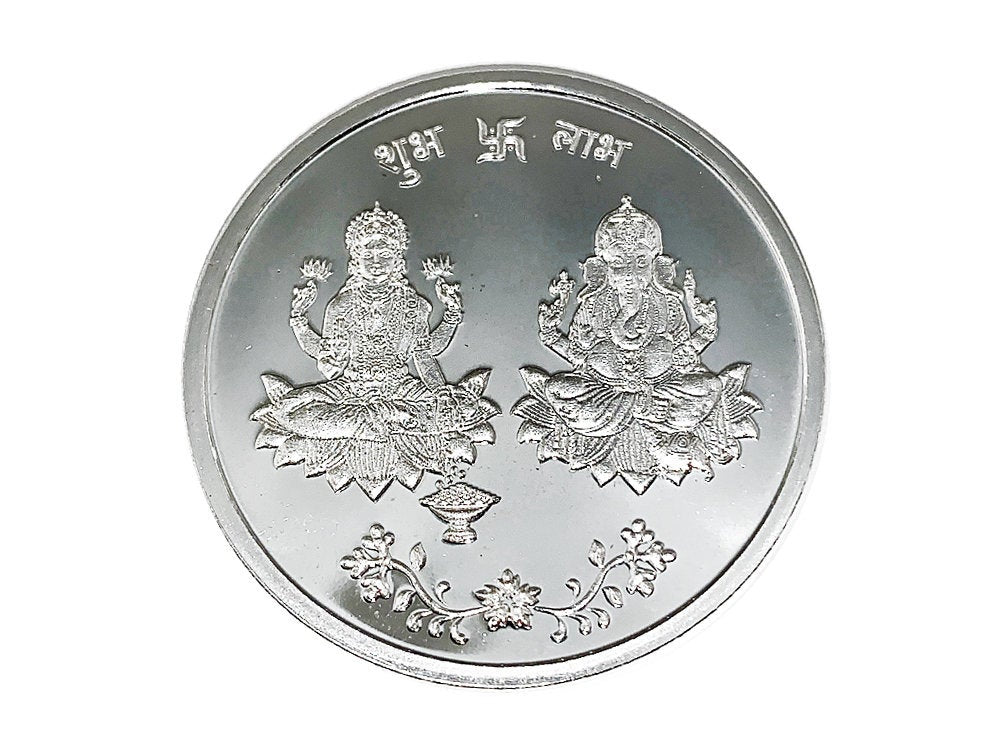 Laxmi Ganesh 999 Pure Silver Coin hallmarked 999 10 Gm Silver Hindu Religious 32mm 1.25" Shubh Labh - BeadPrism