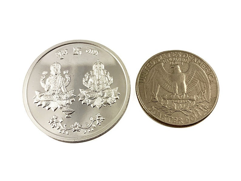 Laxmi Ganesh 999 Pure Silver Coin hallmarked 999 10 Gm Silver Hindu Religious 32mm 1.25" Shubh Labh - BeadPrism