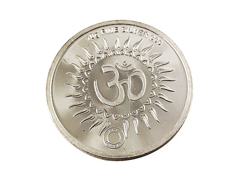 Laxmi Ganesh 999 Pure Silver Coin hallmarked 999 10 Gm Silver Hindu Religious 32mm 1.25" Shubh Labh - BeadPrism