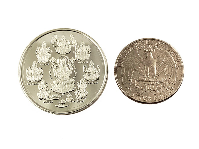 Ashtalakshmi 999 Pure Silver Coin hallmarked 999 20 Gm Hindu Religious 32mm 1.25" Goddess of Wealth - BeadPrism
