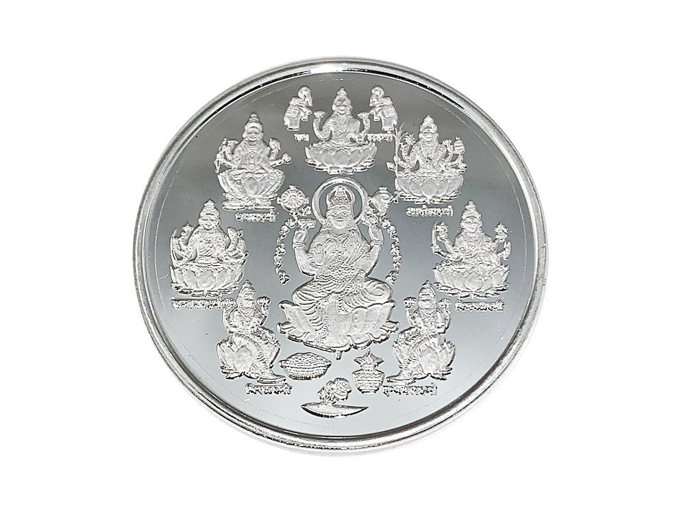 Ashtalakshmi 999 Pure Silver Coin hallmarked 999 20 Gm Hindu Religious 32mm 1.25" Goddess of Wealth - BeadPrism