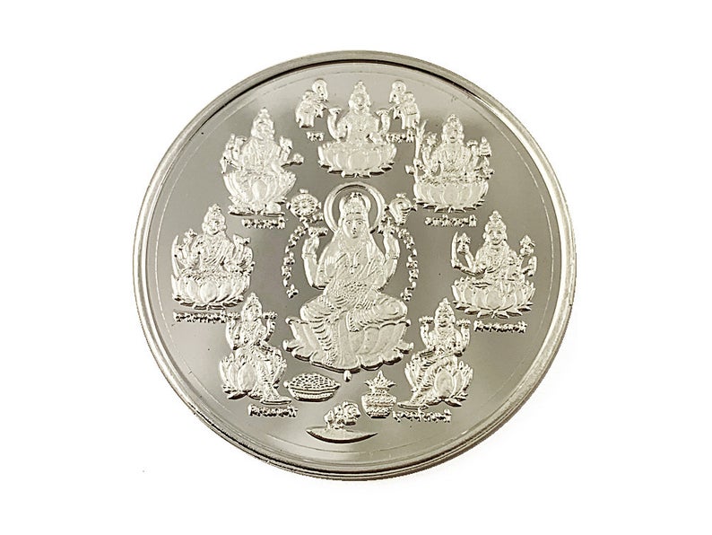 Ashtalakshmi 999 Pure Silver Coin hallmarked 999 20 Gm Hindu Religious 32mm 1.25" Goddess of Wealth - BeadPrism