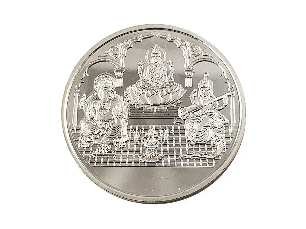 Lakshmi Ganesh Saraswati 999 Pure Silver Coin hallmarked 999 20 Gm Hindu Religious Coin 32mm 1.25" - BeadPrism