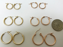 Load image into Gallery viewer, Gold Hoop Earrings, 14K Gold Filled, RoseGold Filled, 1 Pair 2mm Thick, 3 Sizes 15mm, 18mm, 22mm - BeadPrism