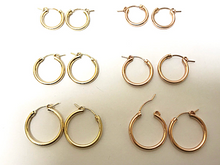 Load image into Gallery viewer, Gold Hoop Earrings, 14K Gold Filled, RoseGold Filled, 1 Pair 2mm Thick, 3 Sizes 15mm, 18mm, 22mm - BeadPrism