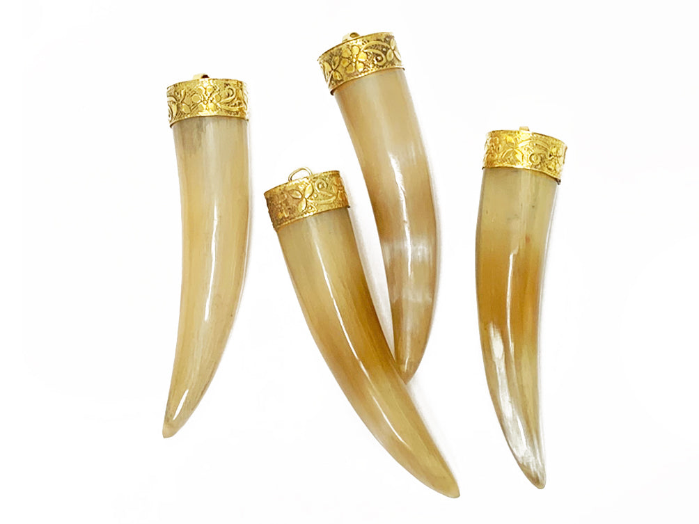 Horn Tusk Pendant 3.5" Large Real Horn Tooth Brown Sand Tones Natural Horn with brass Cap - HP109BRN - BeadPrism