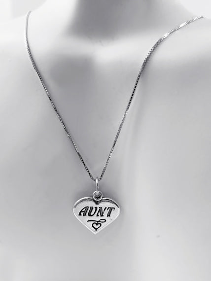 Mothers Day Necklace, Sterling Silver Aunt Charm with Rhodium Plated 925 Sterling Silver 0.9mm Stamped 925 Italy Finished Box Chain Necklace
