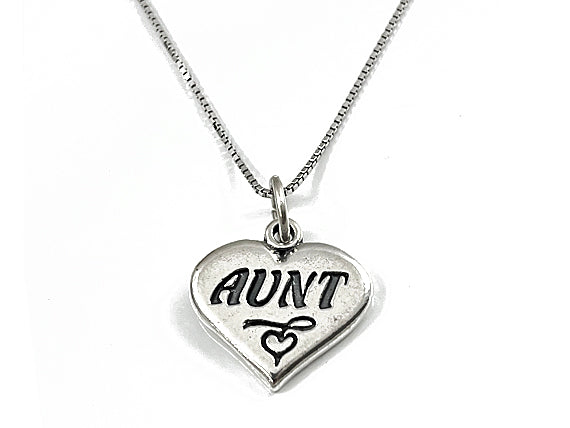 Mothers Day Necklace, Sterling Silver Aunt Charm with Rhodium Plated 925 Sterling Silver 0.9mm Stamped 925 Italy Finished Box Chain Necklace