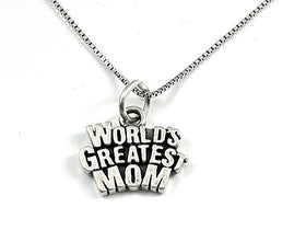 Mothers Day Necklace Sterling Silver World's Greatest Mom Charm with Rhodium Plated Sterling Silver 0.9mm Stamped Finished Italian Box Chain