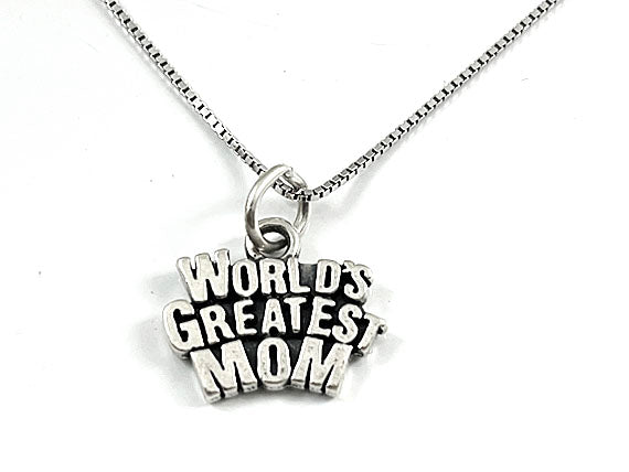 Mothers Day Necklace Sterling Silver World's Greatest Mom Charm with Rhodium Plated Sterling Silver 0.9mm Stamped Finished Italian Box Chain