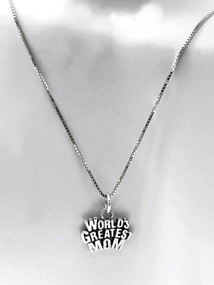 Mothers Day Necklace Sterling Silver World's Greatest Mom Charm with Rhodium Plated Sterling Silver 0.9mm Stamped Finished Italian Box Chain