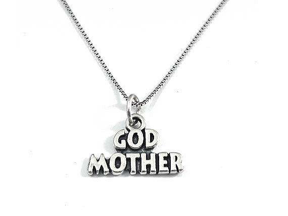 Mothers Day Necklace, Sterling Silver God Mother Charm with Rhodium Plated Sterling Silver 0.9mm Stamped 925 Italy Finish Box Chain Necklace