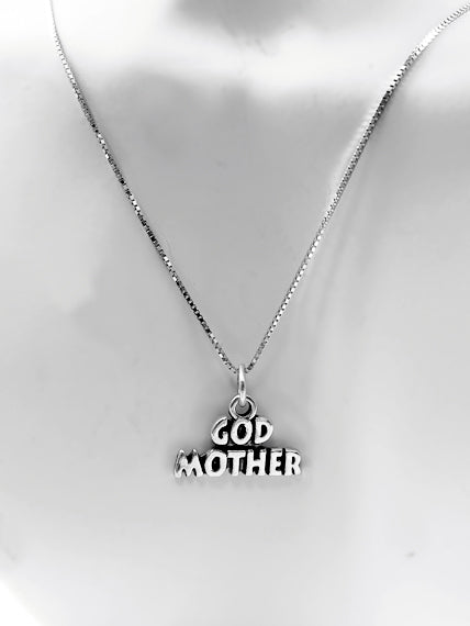 Mothers Day Necklace, Sterling Silver God Mother Charm with Rhodium Plated Sterling Silver 0.9mm Stamped 925 Italy Finish Box Chain Necklace