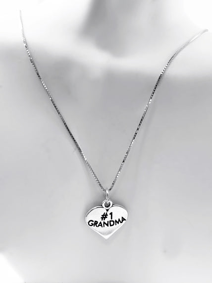 Mothers Day Necklace, Sterling Silver #1 Grandma Charm with Rhodium Plated Sterling Silver 0.9mm Stamped 925 Italy Finish Box Chain Necklace